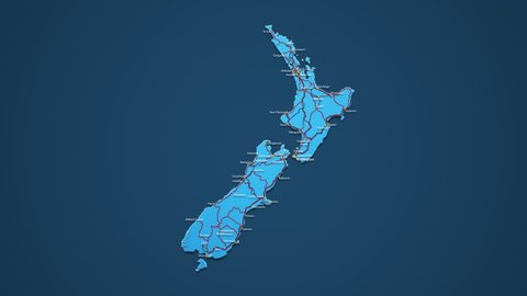 Blue map of New Zealand with cities, roads and railways on a dark blue background. 4K Animation with alpha channel