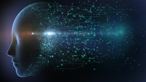 High quality animated graphical concept design depicting emerging technology with firing neurons in circuitry, and flowing particles from AI brain, with space for you own text, in blue color scheme