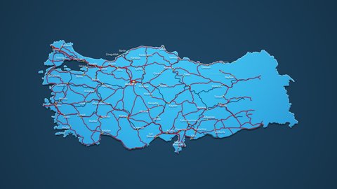 Blue map of Turkey with cities, roads and railways on a dark blue background. 4K Animation