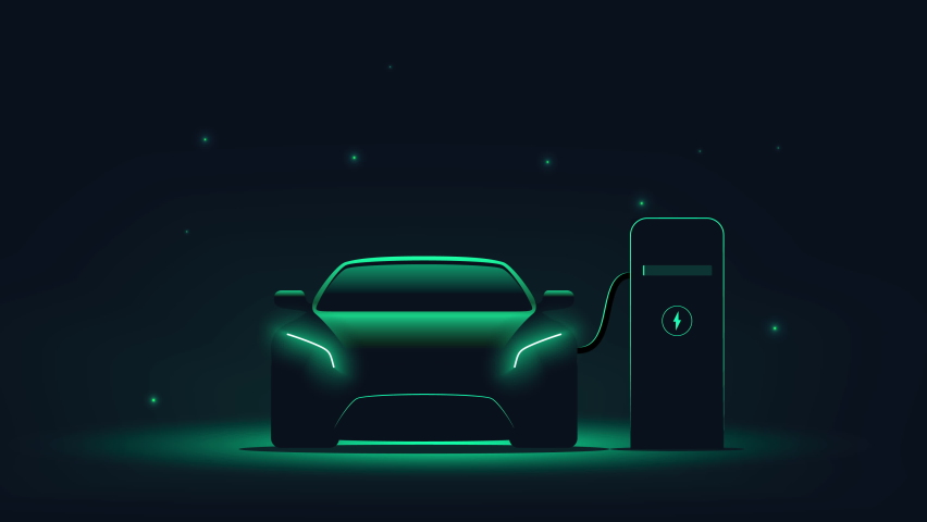 Front view electric car charging at charging station with green glowing on black night time background. Charging progress animation