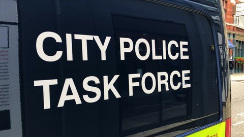 London, UK, June 3rd 2021: A blue City police task force van parked in the City of London. Concept for law and order, crime prevention and security.