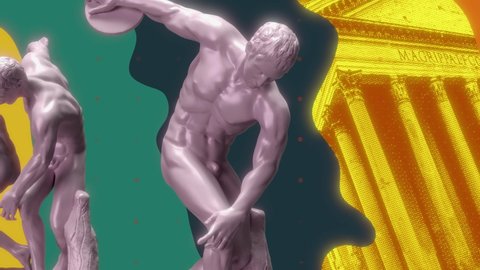 3D The Discobolus of Myron Statue Seamless Looped. Greek sculpture in Pop Art Style. 4k