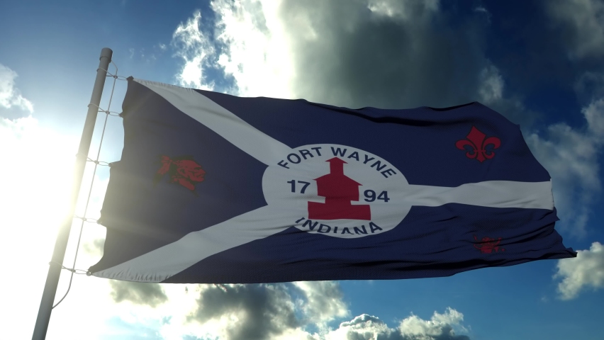 Fort Wayne city flag, city of Indiana in USA or United States of America, waving at wind in blue sky
