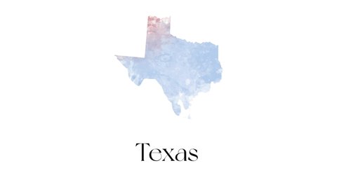 Watercolor animated map showing the state of Texas from the united state of American. 2d map of Texas.