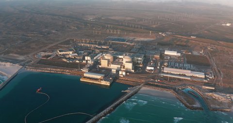 Aerial view. Nuclear power plant production clean energy from source renewable energy. Industrial zone with power station atomic energy production, Cape Town, South Africa.