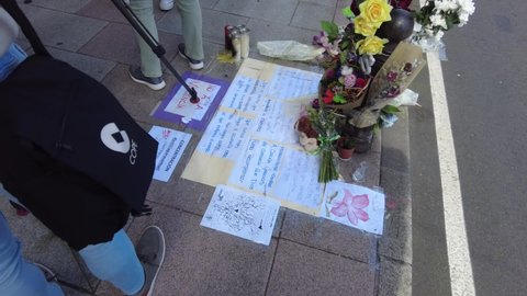 Coruna-Spain. Friends assemble the altar in the street in homage to Samuel Luiz, killed by a beating at the hands of a group of people on Saturday night, July 3, in ​​A Coruña on July 5, 2021.