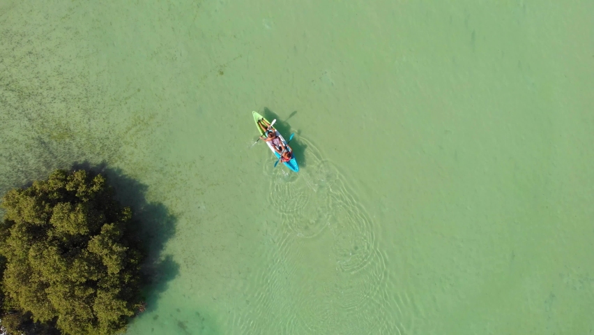 Unrecognizable people kayaking on sunny day. Aerial rising, birds eye