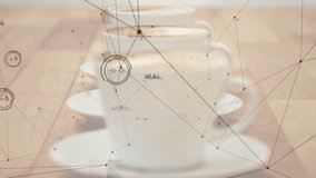 Animation of network of connections and statistics over cups of coffee. global connections, digital interface, technology and networking concept digitally generated video.
