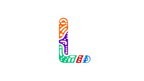 Letter L. 4K video. Unique font animated isolated on White background. Colorful bright multi-colored contrasting doodle symbol, ornament. Capital Letter L for logo, icon, user interface, game, apps.