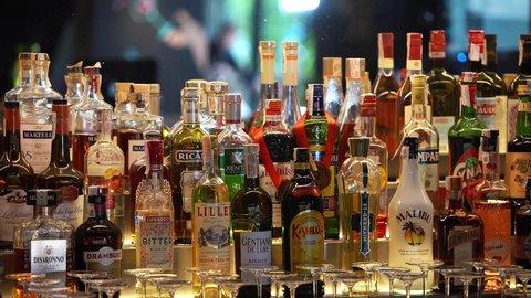 Alcoholic drinks bottles. Alcohol in the bar. drinks for adults, close-up
June 2, 2021, Kyiv, Ukraine