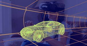 Animation of 3d technical drawing of car, over woman at home wearing vr headset. technology, design and digital interface concept digitally generated video.
