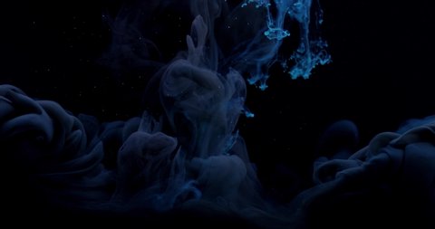 Color black and blue paint drops in water with black background , abstract color mix , drop of ink  paint falling on water. 8K downscale, slow motion. 4K.