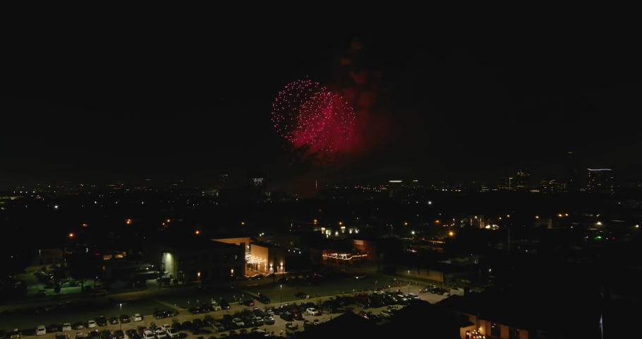 Aerial of Houston 4th of July fireworks at night