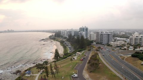Panorama Of Mooloolaba Beach With Oceanfront Apartments And Coastal Road At Sunshine Coast Region, Queensland, Australia. - aerial