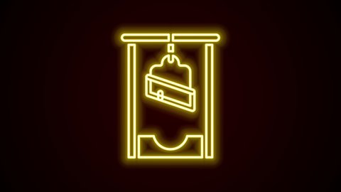 Glowing neon line Guillotine medieval execution icon isolated on black background. 4K Video motion graphic animation.