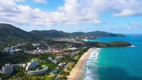 PHUKET THAILAND SEA BEACH. On 29 June, 2021. High Quality Nature Video Landscape Aerial View Beach Sea Coast and city. On Good Weather Day In Summer Travel. Phuket travel trip Andaman sea June 2021.