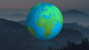 Animation of planet earth over mountains. global connection, digital interface, technology and networking concept digitally generated video.