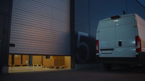 Logistics Warehouse Two Happy Diverse Workers Talk, Joke while Loading Delivery Truck with Cardboard Boxes, Online Orders, Purchases, E-Commerce Goods, Food or Medicine Products. Evening Wide Pan - Powered by Shutterstock - Get 15% off with code: PIKWIZARD15