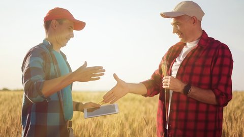 agriculture. two farmers shake hands conclude a business contract in a wheat field. agriculture sale harvest concept. handshake business farmers in a wheat field. shake hands agriculture lifestyle