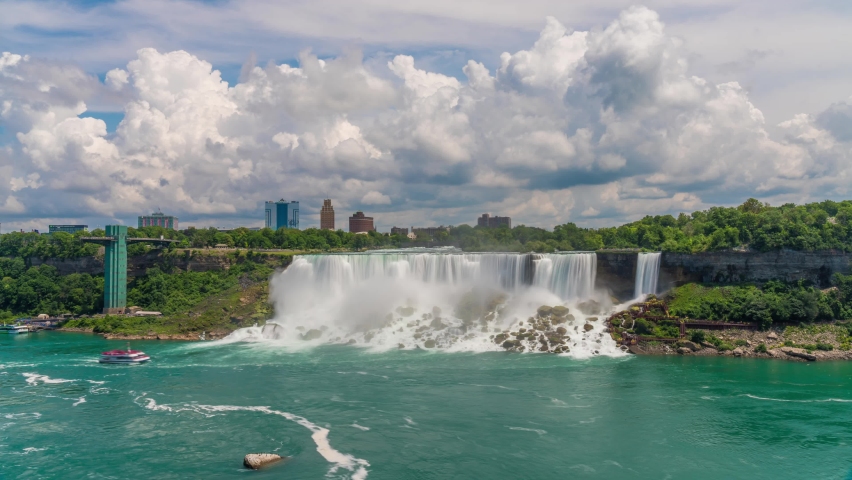 4K footage of timelapse Niagara Falls, Ontario, Canada, in sunny weather with clouds moving by in background and tourism.Long exposure timelapse.