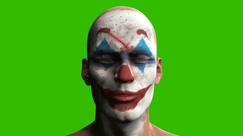 The scary creepy clown laughs with a terrifying nightmare laugh. Animation on an isolated green screen background for apocalyptic, mystical and halloween backgrounds. 3D rendering.