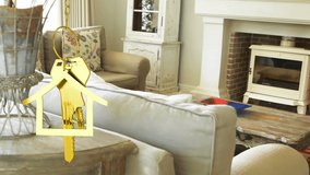 Animation of dangling house key and key fob over living room interiors. new home, property and house ownership concept digitally generated video. - Powered by Shutterstock - Get 15% off with code: PIKWIZARD15
