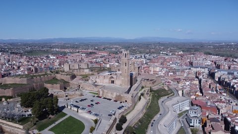 Lleida, Catalonia, Spain - aerial view of the city, La Seu Vella cathedral and castle de la Suda de Lleida
