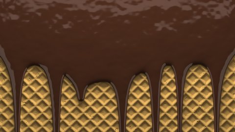 Chocolate cream icing drips on waffle cookie. Brown viscous sweet liquid flowing down the surface in streams, melting drops forming streaks. 3D animation, alpha channel as matte mask included.