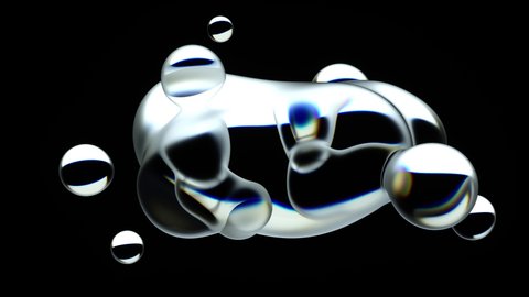 3d render of abstract art of surreal object based on meta balls spheres glass drops water liquid with dispersion spectrum in transition deformation process on black background