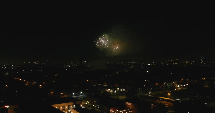 Aerial of Houston 4th of July fireworks at night