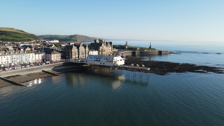 Aberystwyth Seaside pier Wales UK aerial footage
