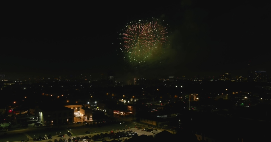 Aerial of Houston 4th of July fireworks at night