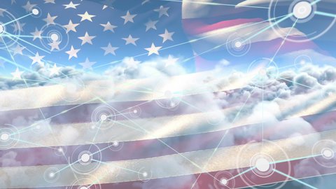 Animation of networks of connections with icons over american flag and sky. global connections, business, digital interface, technology and networking concept digitally generated video.