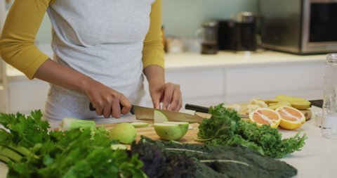 Mid section of mixed race woman preparing healthy drink, cutting fruit and vegetables in kitchen. domestic life, spending quality free time relaxing at home.