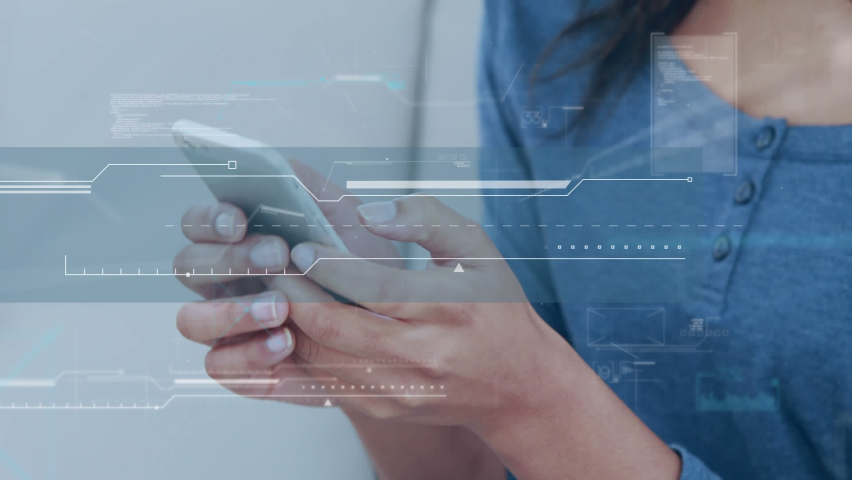 Animation of data processing over woman using smartphone. global connections, digital interface, technology and networking concept digitally generated video. - Powered by Shutterstock - Get 15% off with code: PIKWIZARD15