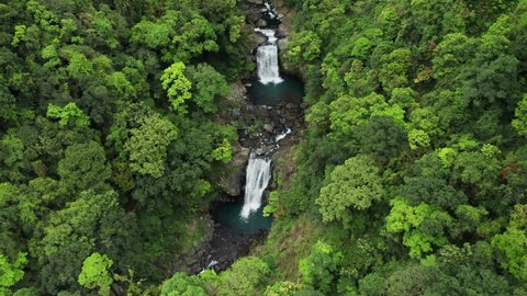 WS HA AERIAL Stream with waterfalls in green forest, Neidong National Forest Recreation Area, Wulai District, New Taipei City, Taiwan