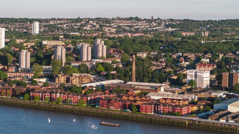Establishing Aerial View Shot of London UK, United Kingdom, New Charlton Woolwich Plumstead Greenwich