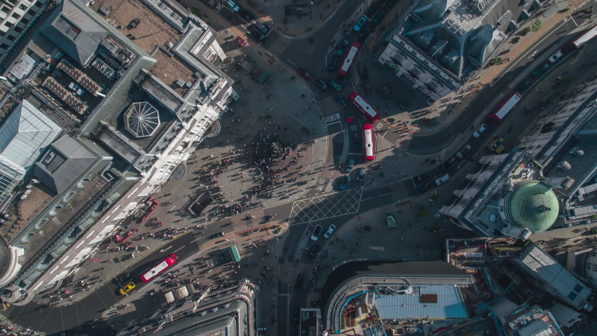 Establishing Aerial View Shot of London UK, Top Down Piccadilly Circus, United Kingdom