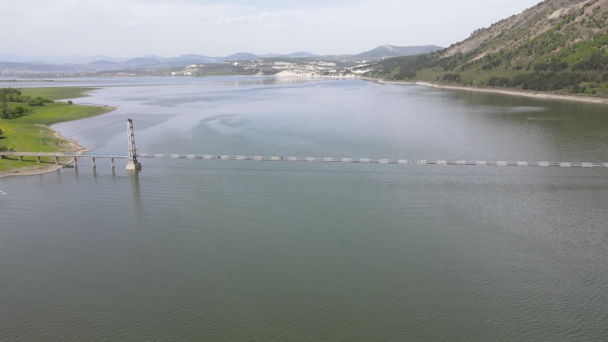 Aerial view of Lisitsite Bridge over Studen Kladenets Reservoir, Kardzhali Region, Bulgaria