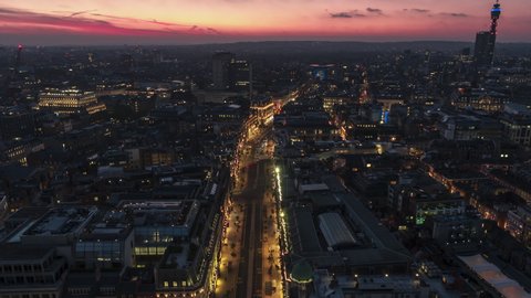 Establishing Aerial View Shot of London UK, United Kingdom, Regent Street and wonderful sunset