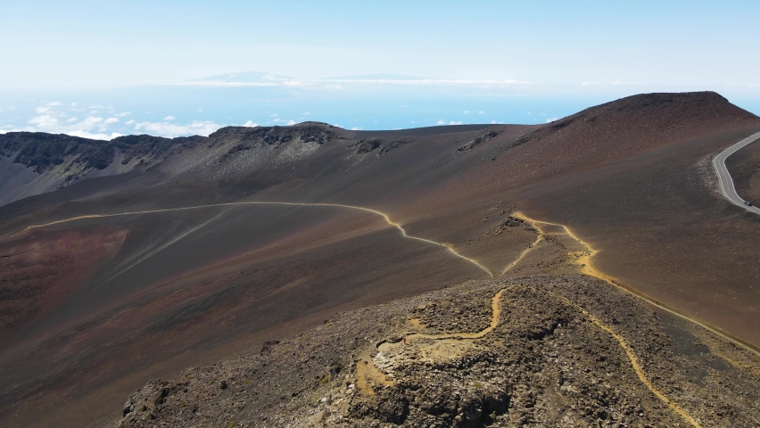 Hiking Paths on Haleakala Volcano Crater on Maui Island, Hawaii - Aerial Royalty-Free Stock Footage #1075542710