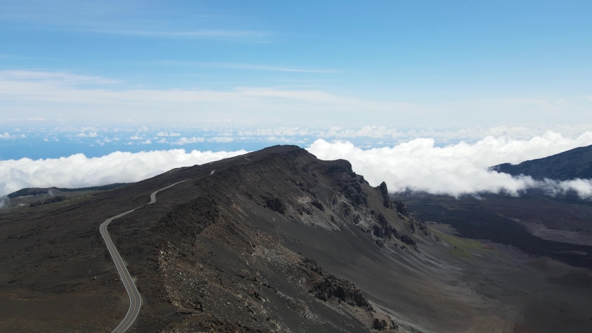 Crater on Beautiful Haleakala Volcano on Hawaii Island of Maui, Aerial Royalty-Free Stock Footage #1075542716