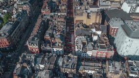 Establishing Aerial View Shot of London UK, United Kingdom, famous China Town, Lisle Street