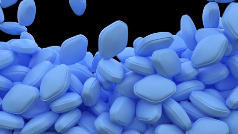 Blue viagra falling 3D pills pouring filling a screen isolated on a black background with luma matte
