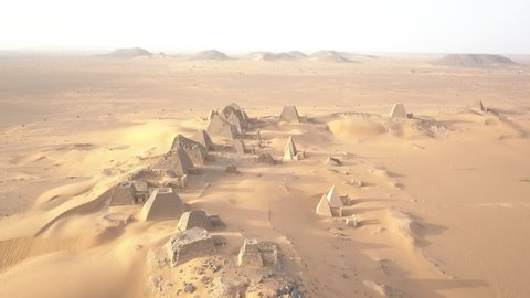 Panoramic Aerial Drone Flight forward Dolly above the Nubian pyramids in Sudan, Aerial view of Nubian pyramids in Sudan