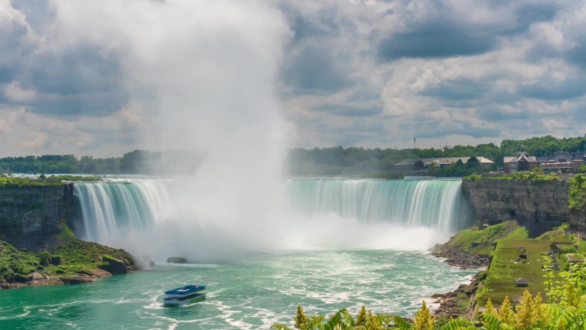 4K footage of timelapse Niagara Falls, Ontario, Canada, in sunny weather with clouds moving by in background and tourism.Long exposure timelapse.