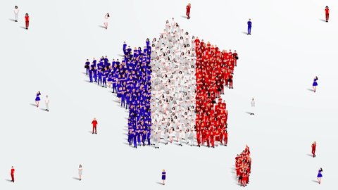 France Map and Flag. A large group of people in French flag color form create the map. 4K Video Animation.