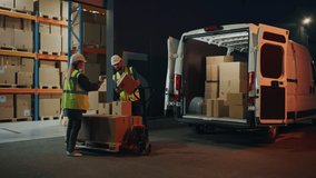 Outside of Logistics Retail Warehouse: Manager Using Tablet Computer, talking to Worker Loading Delivery Truck with Cardboard Boxes, Online Orders, Food, Medicine Supply, E-Commerce. Evening Wide Shot - Powered by Shutterstock - Get 15% off with code: PIKWIZARD15