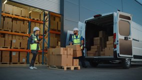 Outside of Logistics Distributions Warehouse With Inventory Manager Using Tablet Computer, talking to Worker Loading Delivery Truck with Cardboard Boxes. Online Orders, Purchases, E-Commerce Goods - Powered by Shutterstock - Get 15% off with code: PIKWIZARD15