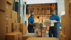 Outside of Logistics Distributions Warehouse: Two Happy Workers Load Delivery Truck with Cardboard Boxes, Then Deliver Online Orders, Purchases, E-Commerce Goods. Shot from Inside Van - Powered by Shutterstock - Get 15% off with code: PIKWIZARD15